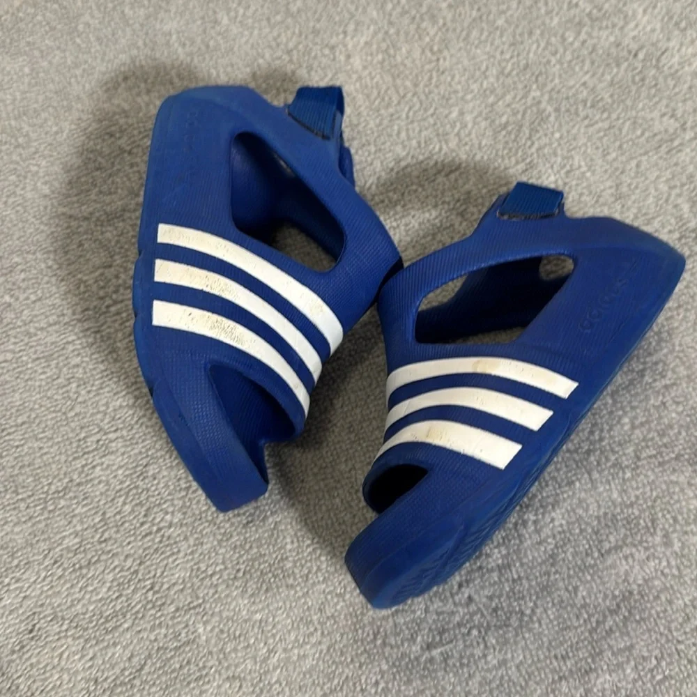 Adidas Kids Blue Sandals size baby size 3 slip on white strips‎